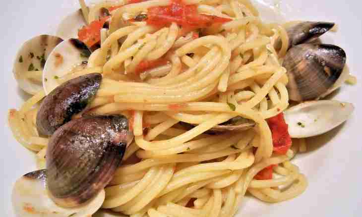 Spaghetti with mollusks, mussels and tomatoes