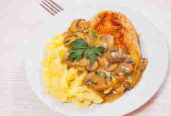 Fragrant chicken breasts with mashed potatoes under a creamy mushroom sauce from champignons