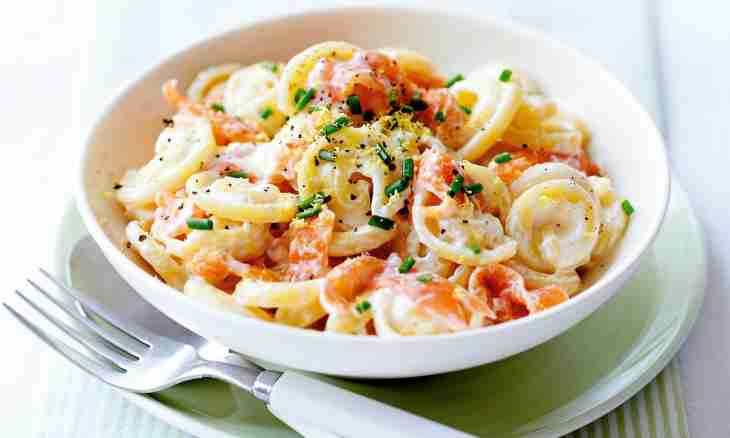 Fettuchchin with a salmon in cheese sauce with a blue mold